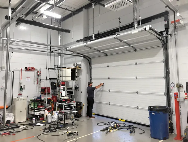 Suffield Garage Door Repair certified technician performing commercial door repair at a Suffield business facility