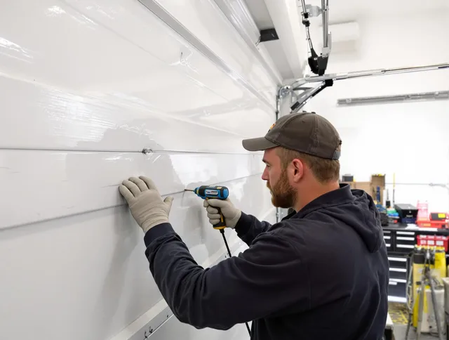 Suffield Garage Door Repair technician demonstrating precision dent removal techniques on a Suffield garage door