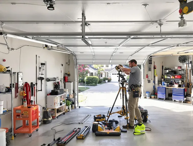Suffield Garage Door Repair specialist performing laser-guided track alignment in Suffield